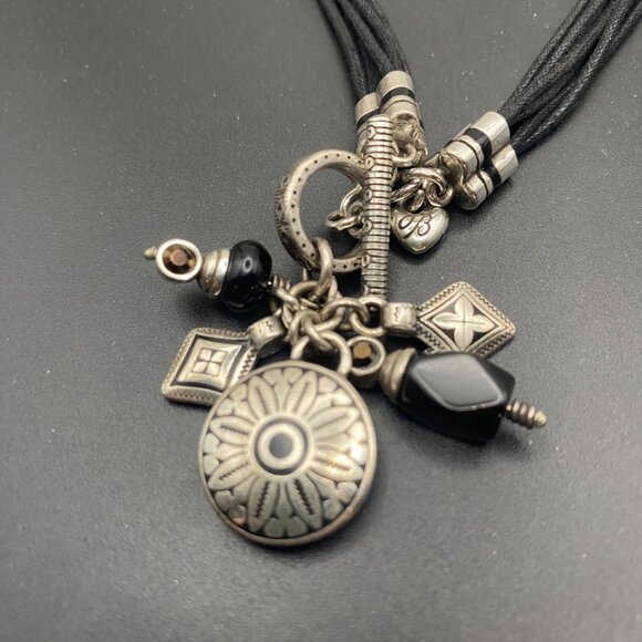 Signed Brighton Black Cord Necklace Multi Silver Plated Charms Toggle Clasp 17" - Picture 7 of 7